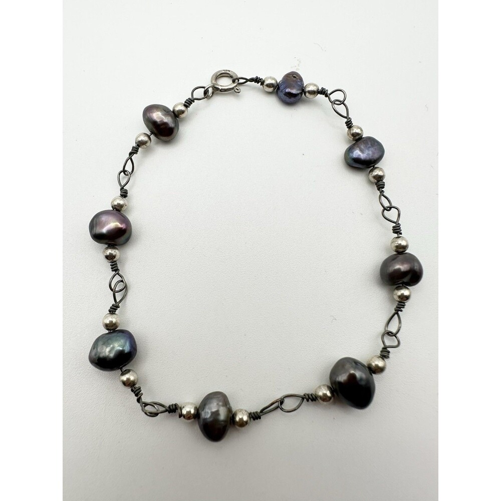 925 Sterling Silver Genuine Black Pearl Bead Bracelet 7.5”